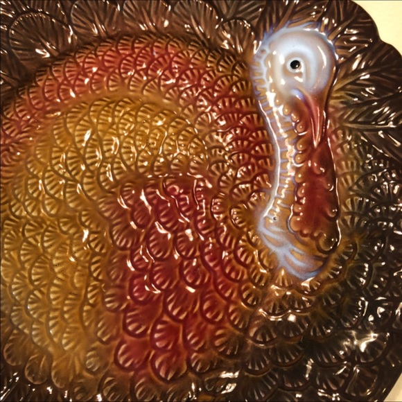 THANKSGIVING SERVING PLATTER TURKEY 16” ROUND CERAMIC PLATE TRAY CHARGER BEAUTIF - Picture 2 of 3